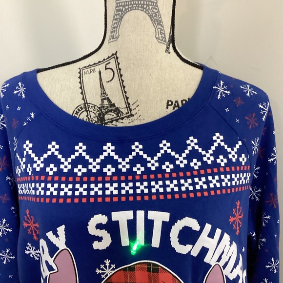 Disney Women’s Blue Holiday Sweater With Blinking Lights on Stitch & Snowflakes - Picture 3 of 5